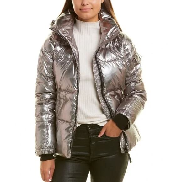 S13 Women Kylie Metallic Down Filled Coat Small Silver Gray Hooded Winter Jacket - Picture 1 of 14